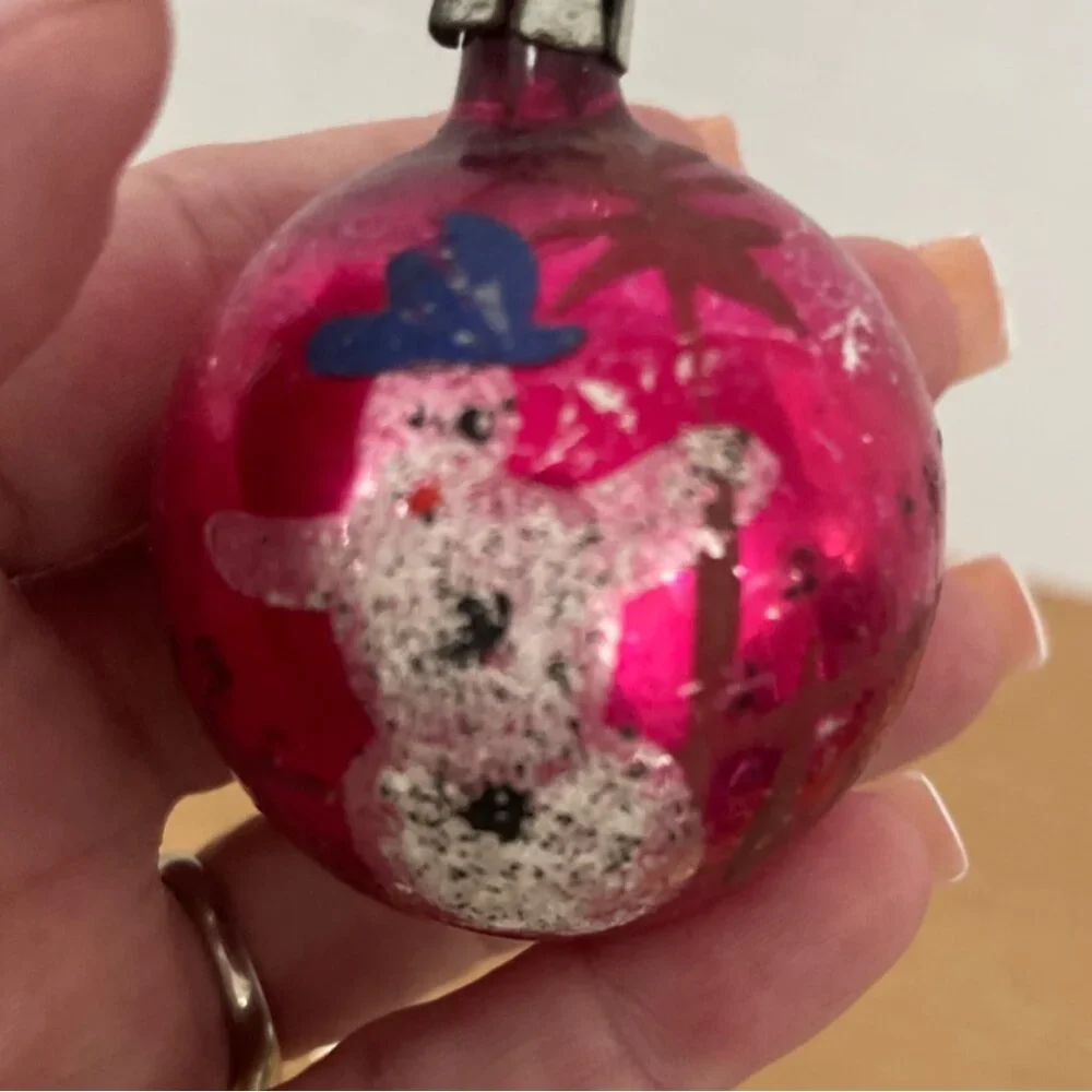 Vtg Shiny Brite Glass Christmas Ornaments Set Of 2 w Snowman And Striped Designs